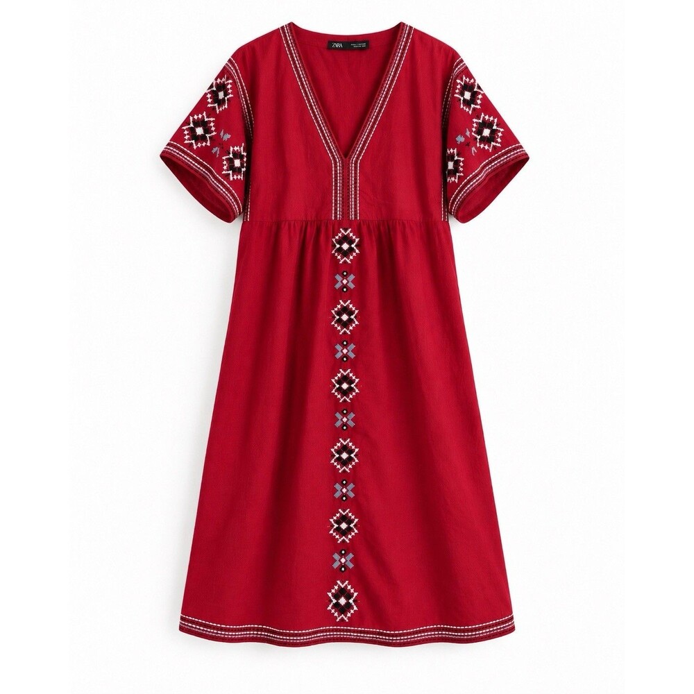 Zara Red Embroidered Midi Dress Size L V-Neck Boho Ethnic Short Sleeve